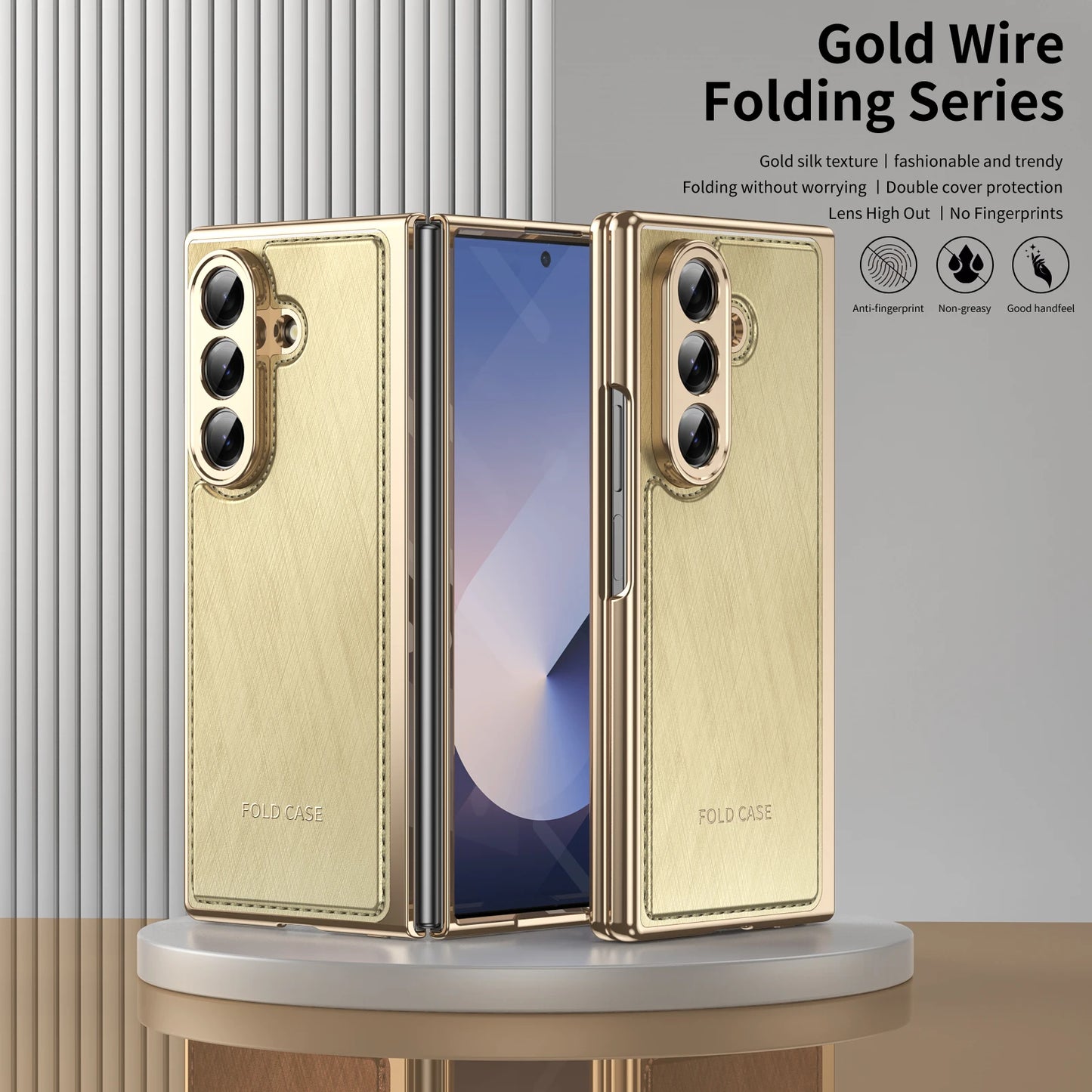 Golden Border Leather Phone Case with Steel Film for Samsung Galaxy Z Fold 7 6 5 4 3 Fold6 Hinge Protection Shockproof Cover