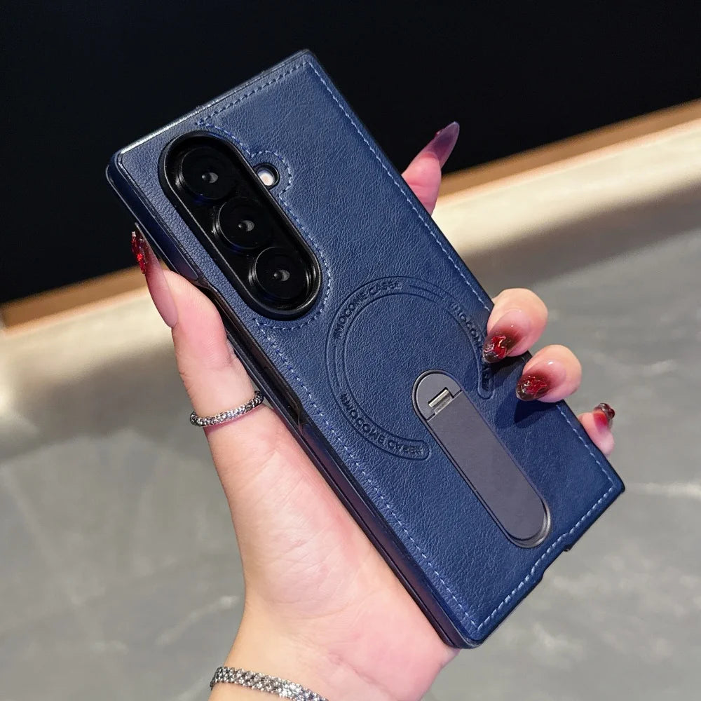 Luxury Magnetic Leather Case For Samsung Galaxy Z Fold 7 6 5 4 3 5G Folding Bracket Holder Wireless Charging Cover For Zfold7