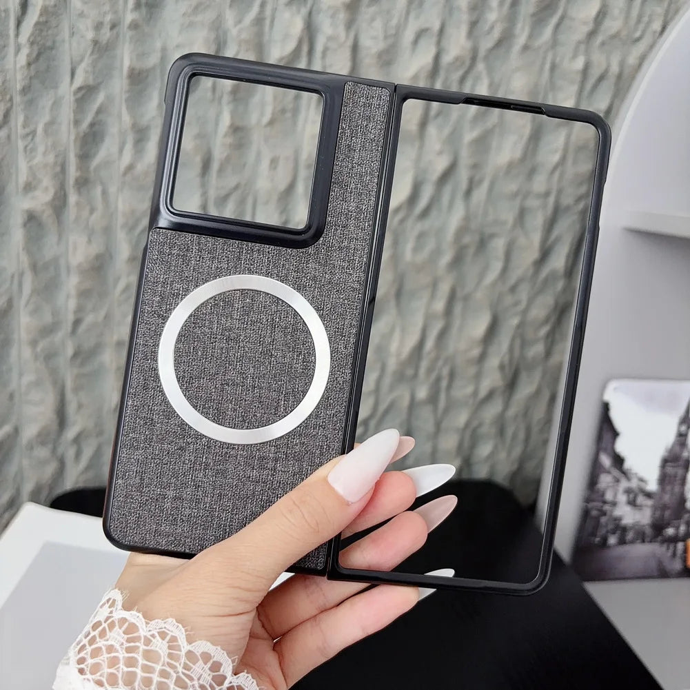 with Magnetic Ring Plain Leather Case For Motorola Razr Fold Luxury Cloth Wireless Charging Protective Cover
