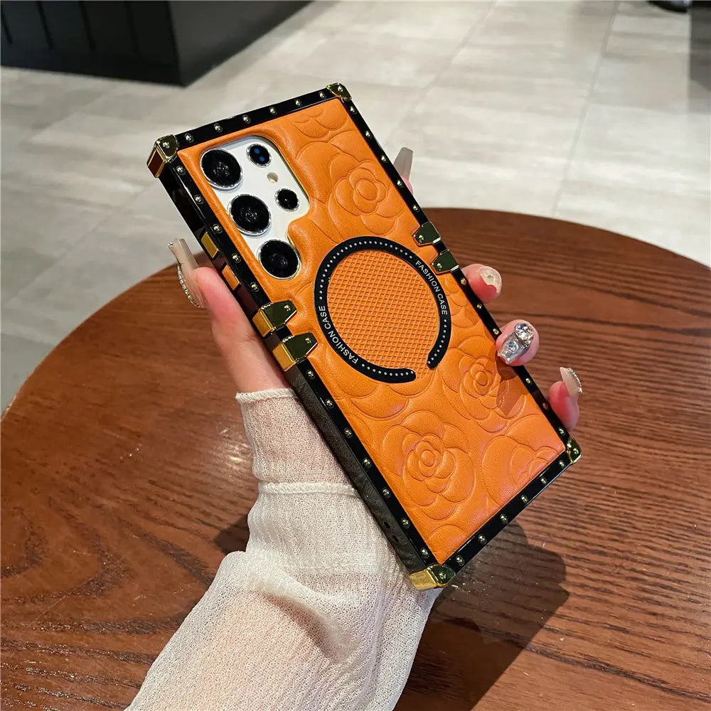 For Magsafe Wireless Charging 3D Flower Leather Case For Samsung Galaxy S26 S25 S24 Ultra S23 Plus S23FE S22 TPU Cover Shell