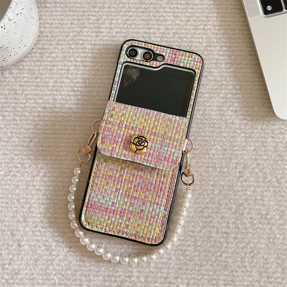 For Samsung Galaxy ZFlip7 Z Flip 7 6 5 4 3 Flip6 Flip5 Flip4 Flip3 5G Case Luxury Texture PU Leather Card Holder Wrist Strap