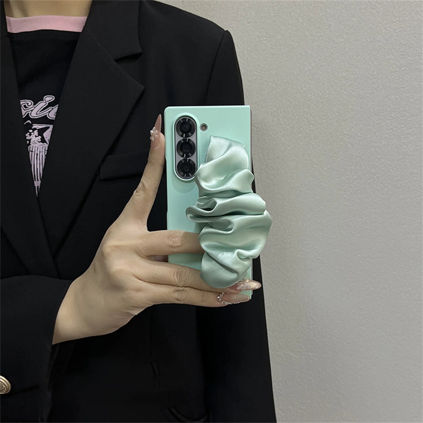 Senior Classic Korean Solid Color Phone Case with Silk Scarf Wristband for Samsung Galaxy Z Fold7 Z Fold6 Z Fold5 ZFold4 3 Cover