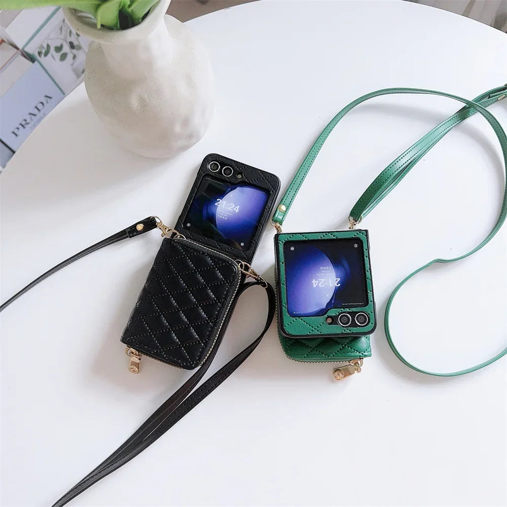 Zipper Crossbody Wallet with Card Holder Phone Case for Samsung Galaxy Z Flip 6 5 4 Flip6 Flip5 Flip4 Flip3 Leather Shell  Cover
