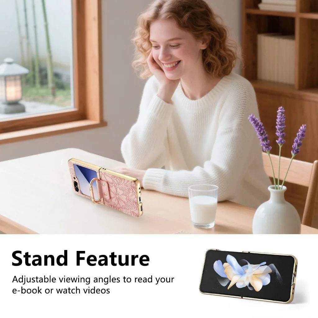 For Samsung Galaxy Z Flip 7 FE 6 5 4  Leather Embossed Flower Phone Case with Ring Buckle Electroplated Shockproof Cover