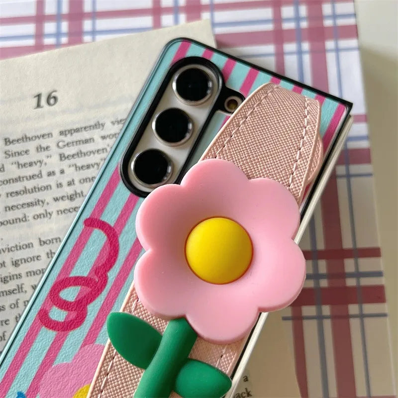 Luxury Korean Cute Flower Wristband Strips Case for Samsung Galaxy Z Fold8 Ultra Fold7 Z Fold6 Fold 5 Back Cover with Holder