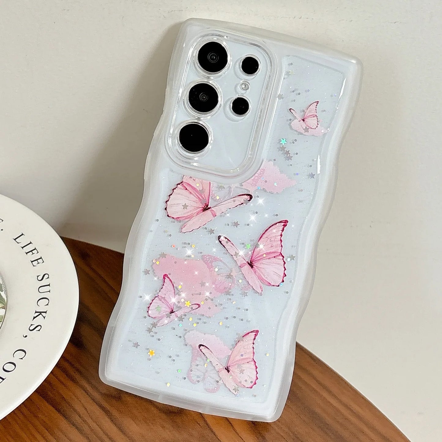 Glitter Starry Sky Butterfly Resin Irregular Wavy Edge Phone Case for Samsung Galaxy S 22 23 24 25 Ultra Plus FE Anti-drop Cover
