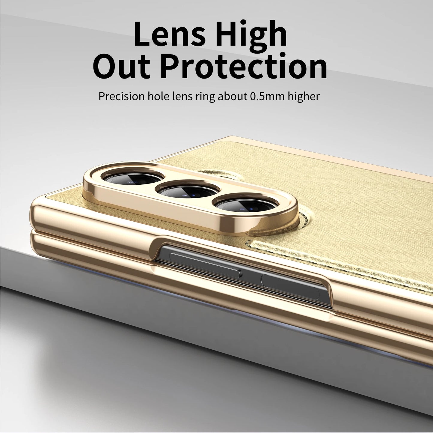 Golden Border Leather Phone Case with Steel Film for Samsung Galaxy Z Fold 7 6 5 4 3 Fold6 Hinge Protection Shockproof Cover