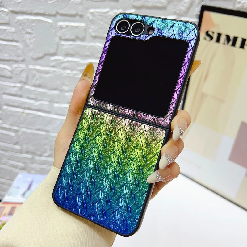 Gradient Color Weave Pattern Case for Samsung Galaxy Z Flip 3 4 5 6 7 5G ZFlip7 ZFlip6 2-piece Set Luxury Shockproof Back Cover