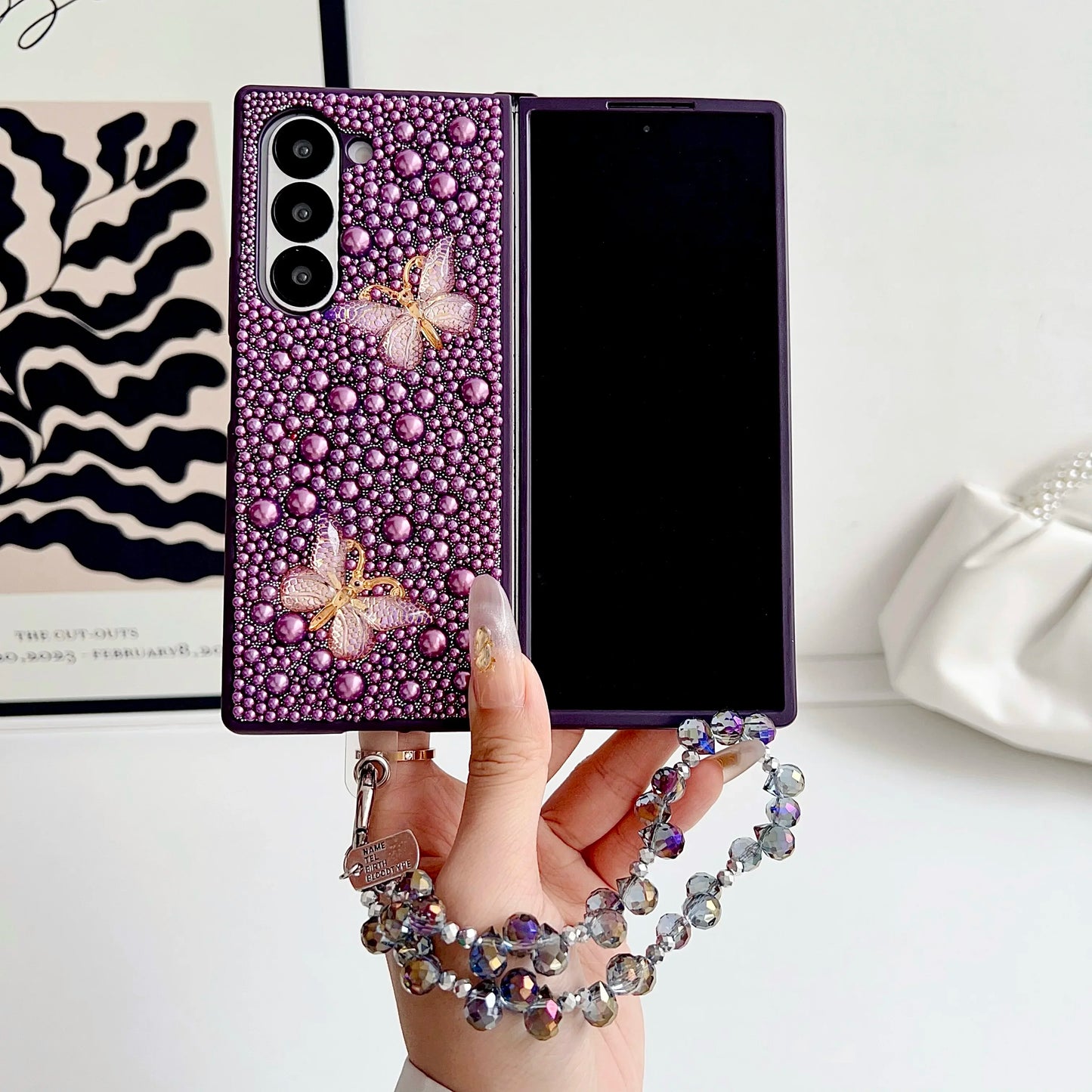 Fashional Crystal Bracelet Pearl Butterfly Phone Case For Samsung Galaxy Z Fold 7 6 5 4 3 Unique Fall prevention Protector Cover