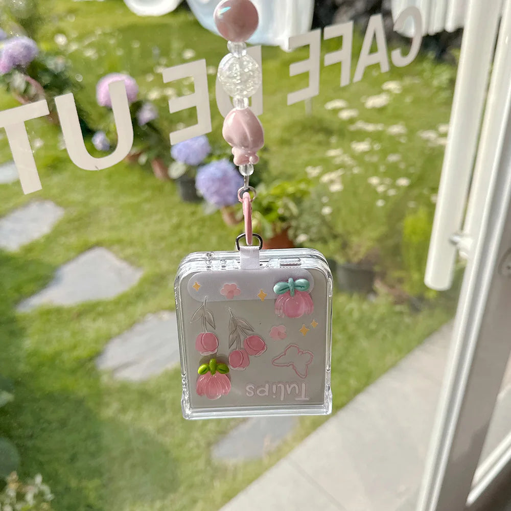 Korean Cute Bowkont Flower Ornament Hinge Phone Case For Samsung Galaxy Z Flip 7 6 5 Flip6 Flip5 Flip7 Cases Cover with Chain