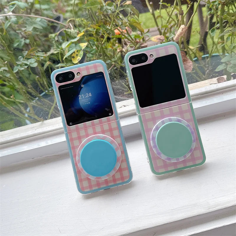 Korean Color Plaid Pattern Magnetic Phone Case For Samsung Galaxy Z Flip 7 6 5 4 Flip6 Flip7 Cover with Magsafe Stand Cases Capa