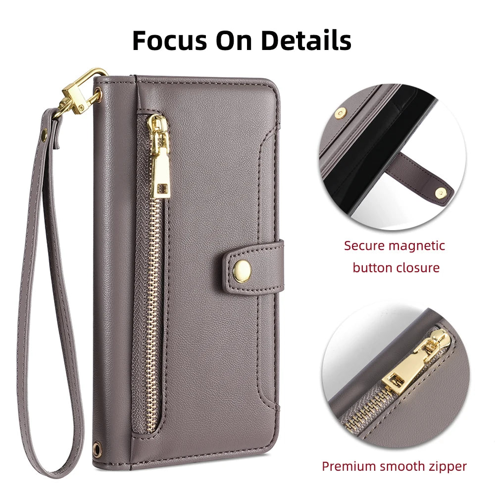 Zipper Wallet Phone Case for Motorola G Stylus Edge 2023 G Play 4G 2024 G Power 5G G14 G84 G54 5G Crossbody Case with Lanyard