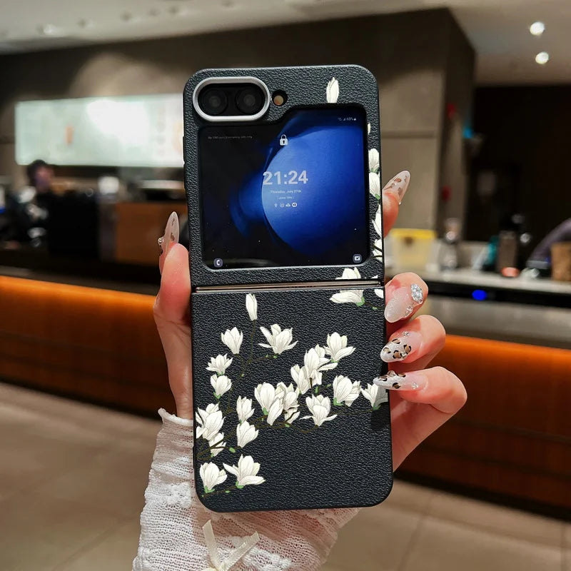 For Samsung Galaxy Z Flip 5 6 4 3 5G Luxury Leather Phone Case Flowers Pattern Soft TPU Folding Cover For Samsung Z Flip4 Flip5