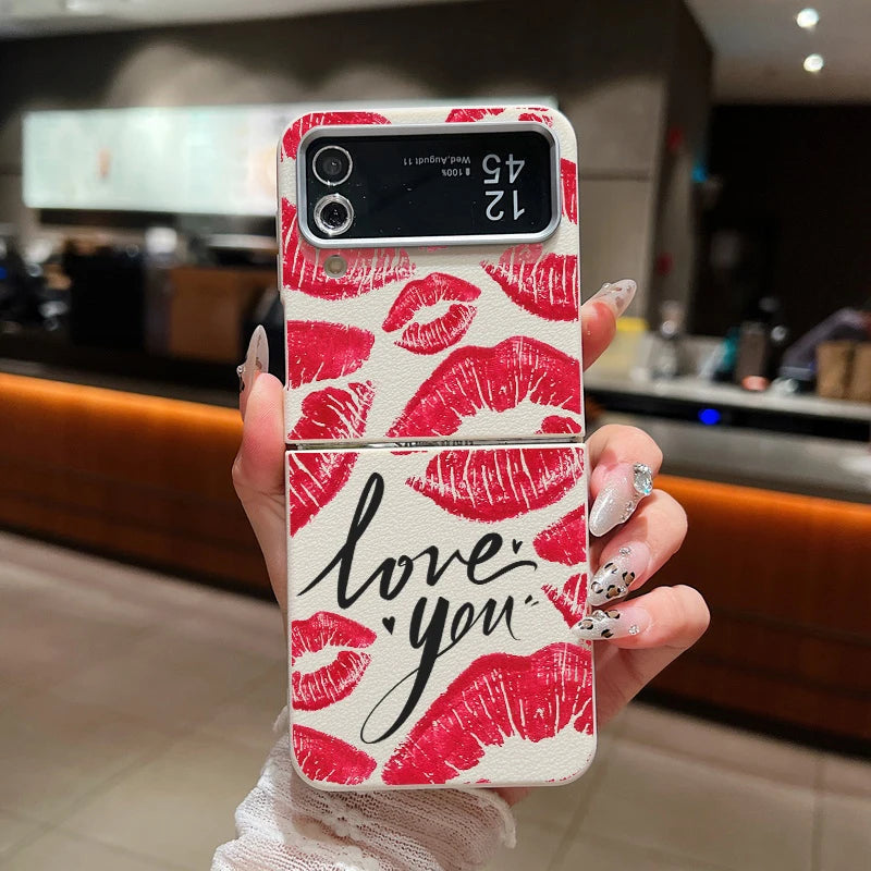 Red Lips Print Folding Phone Case For Samsung Galaxy Z Flip 6 5 4 3 Leather Texture TPU Cover For Samsung Z Flip6 Flip5 Flip4 5G