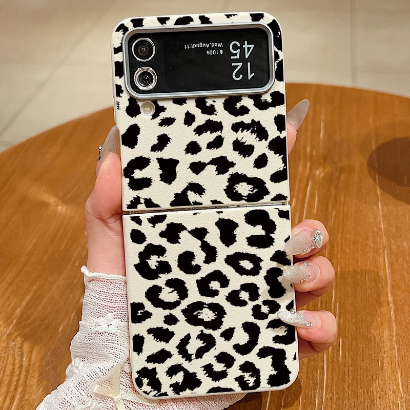 Leopard Pattern Magnetic Case For Magsafe For Samsung Galaxy Z Flip 6 5 4 3 Flip4 Flip5 Flip6 Leather Texture TPU Folding Cover