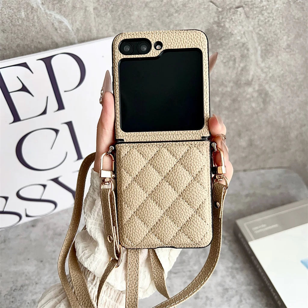 Luxury Crossbody Lanyard Rhombus Pattern PU Leather Phone Case For Samsung Galaxy Z Flip 8 7 FE 6 5 4 5G Hinge Protector Cover