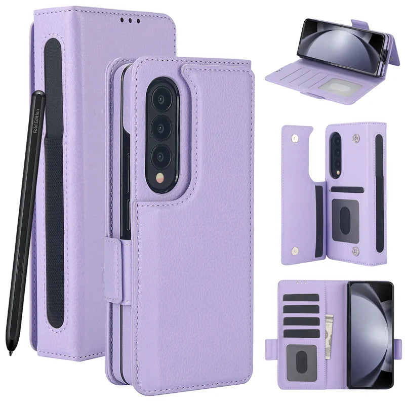For Samsung Galaxy Z Fold 7 6 Leather Foldable Card Insert Pen Slot Phone Case For Z Fold5 Z Fold 3 4 Flip MultiFunctional Stand