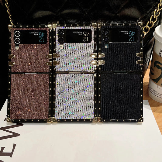 Fashion Sparkling Shockproof Phone Case For Samsung Galaxy Z Flip 7 6 5 4 3 Flip7 FE Starry Sky Leather Square Back Cover