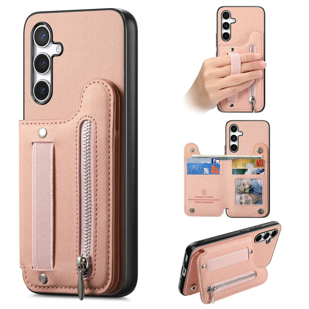 Zipper Cards Solt Wallet Leather Case For Samsung Galaxy A56 A55 A54 A53 A34 A36 A35 A25 A17 Elastic Rope Wrist Leather Cover