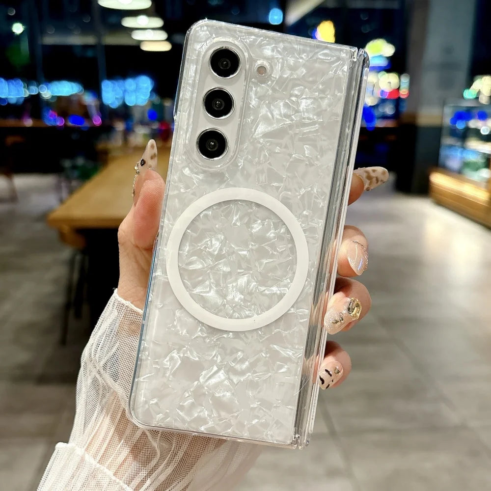 Dreamy Shell Pattern Magnetic Hinge Case For Samsung Galaxy Z Fold 7 6 5 4 5G Wireless Charging Ultra Thin Hard PC Bumper Cover