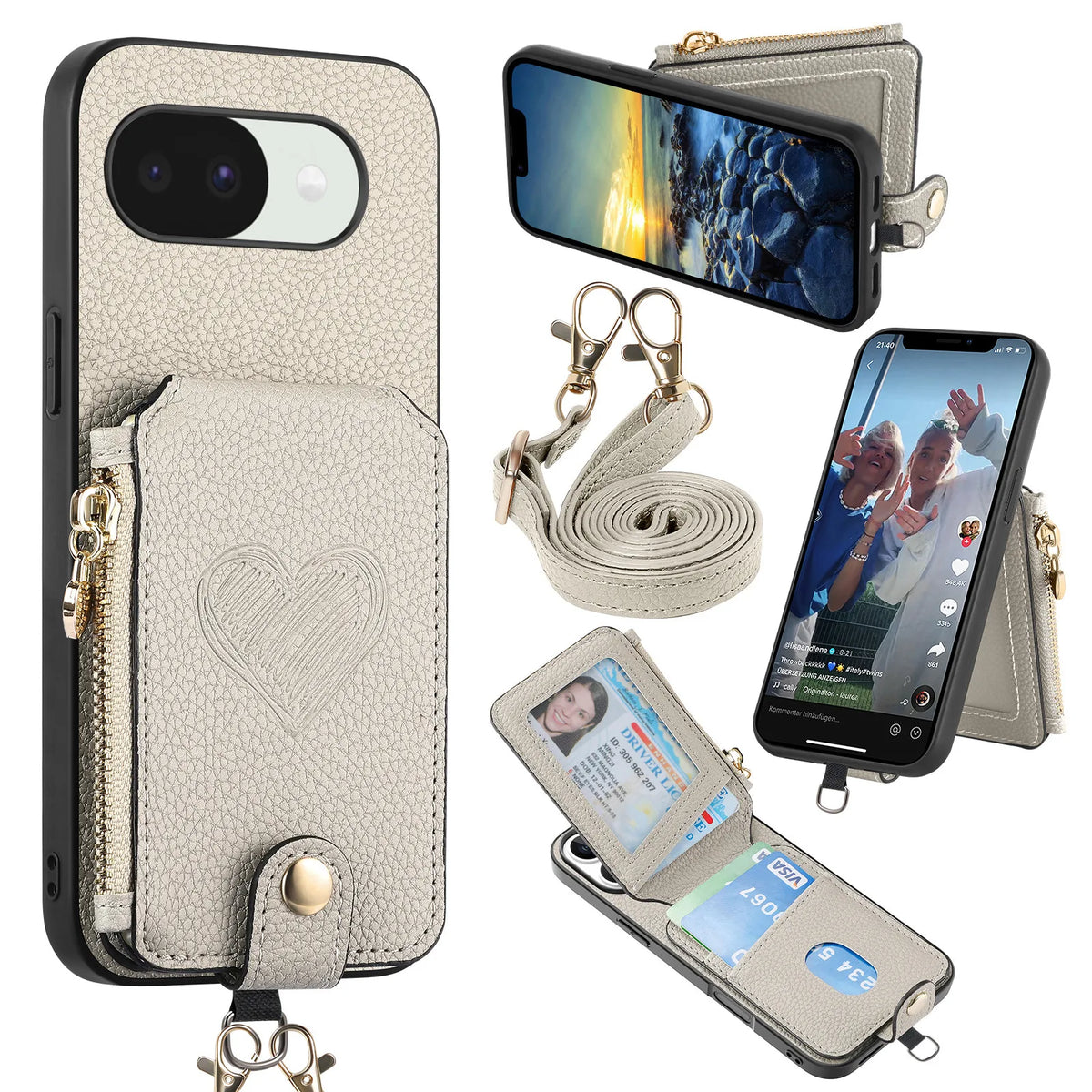 Crossbody Long Lanyard Zipper Cards Sold Wallet Leather Case for Google Pixel 10 Pro XL 9A 8A 7A 6A Shockproof Stand Slim Cover