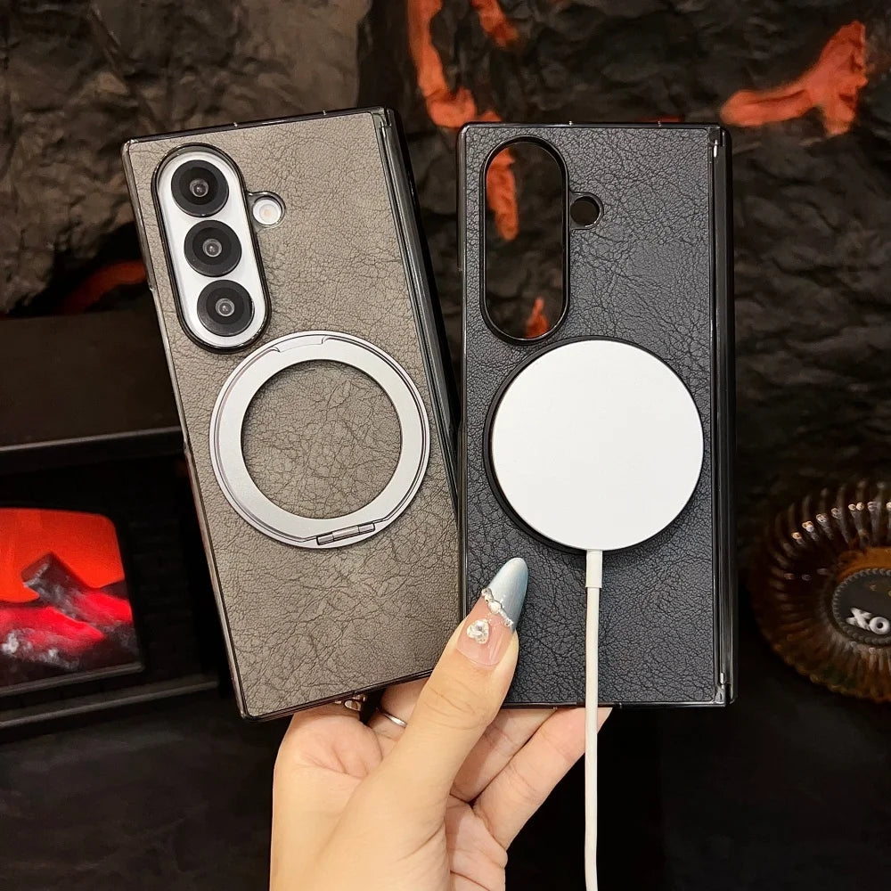 Rotating 360 Bracket PU Leather Magnetic Case for Samsung Galaxy Z Fod7 Zfold7 Fold 7 for Magsafe Charging Shockproof Soft Cover