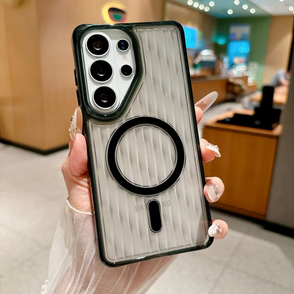 Crystal Clear 3D Wave Pattern Magnetic Acrylic Case For Samsung S26 Ultra S25 S24 Ultra Wireless Charging Shockproof Hard Cover
