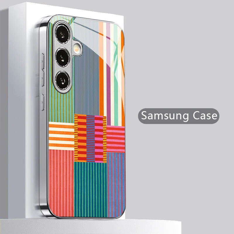 Color Stripe Pattern 2D Phone Case for Samsung S26 S25 S24 S23 S22 S21 S20 A56 A36 A16 - Electroplated Glass Protective Cover