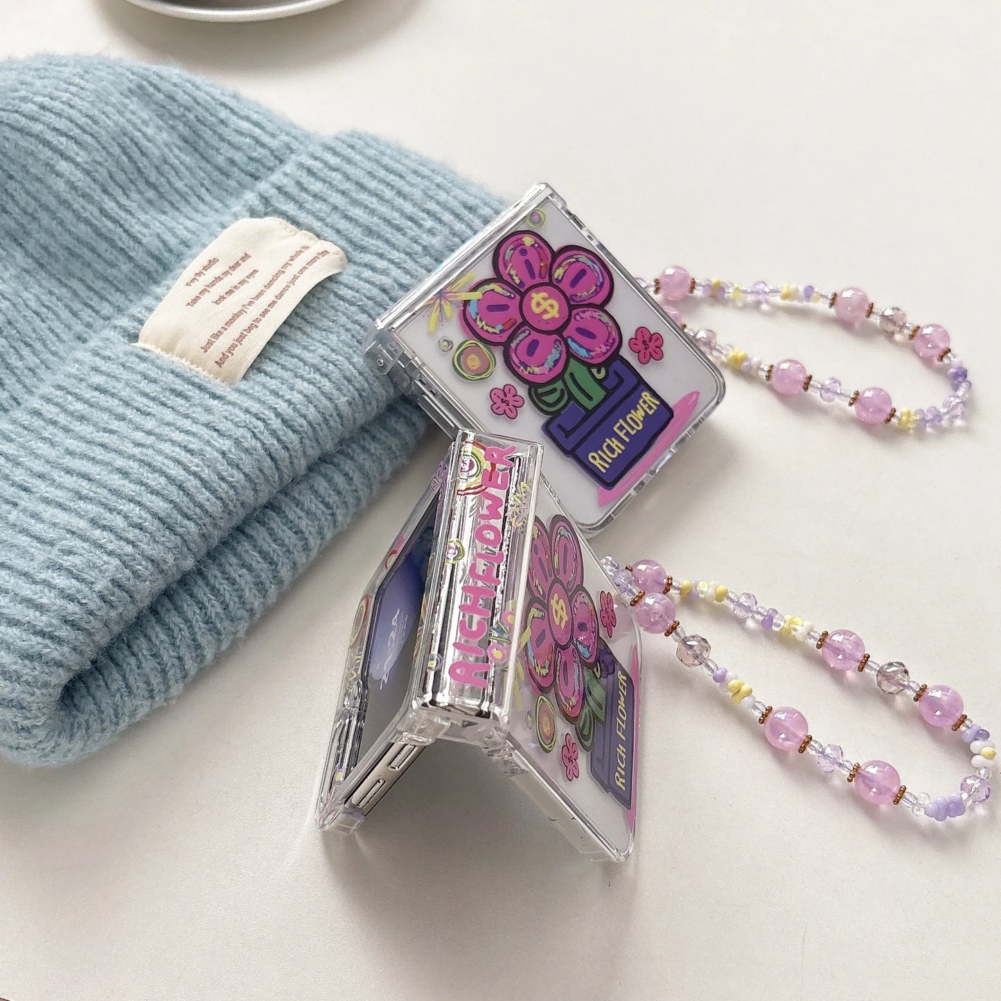for Samsung Galaxy Z FLIP 7 6 5 4 3 flip7 flip6 2in1 Rope Strap Pendant Fold Phone Case Ins New Rich Flowers Shockproof Cover