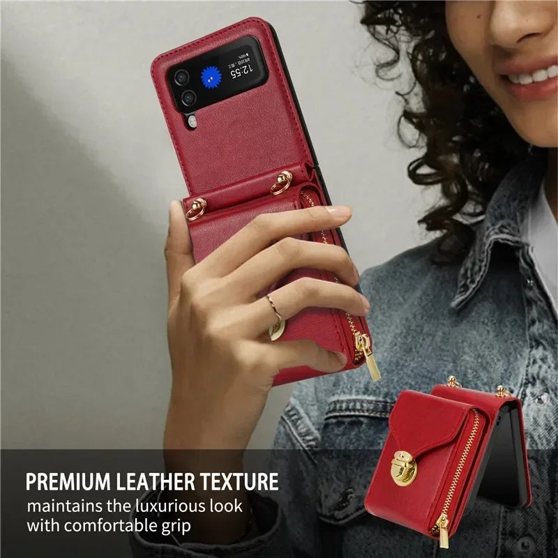 Lanyard Leather Zipper Wallet Card Slot Phone Case for Samsung Galaxy Z Flip 6 5 4 3 Lanyard Purse Bag Flip Stand Cover Back Bag
