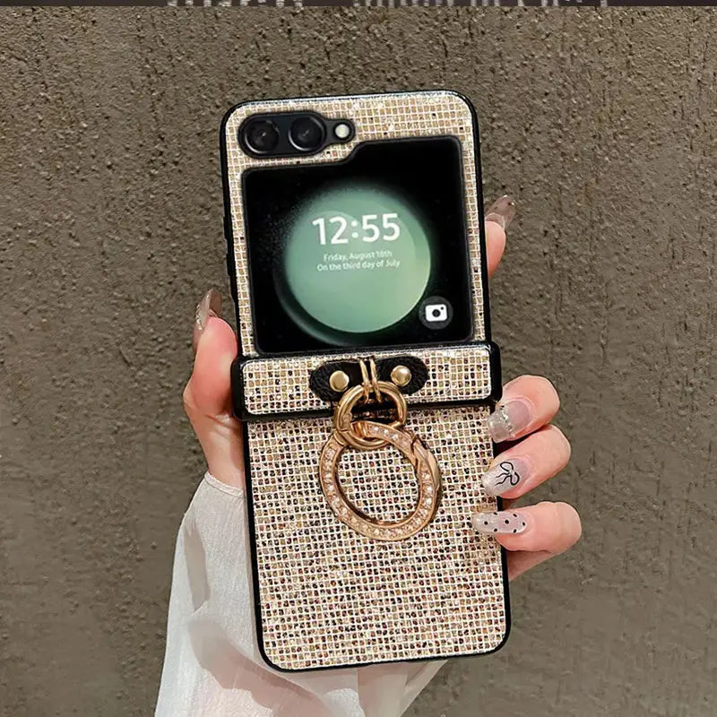 Artificial Diamond-Plated Ring Buckle Phone Case for Samsung Galaxy Z Flip 7 6 5 4 3 Series  Featuring a Luxurious Design Shiny