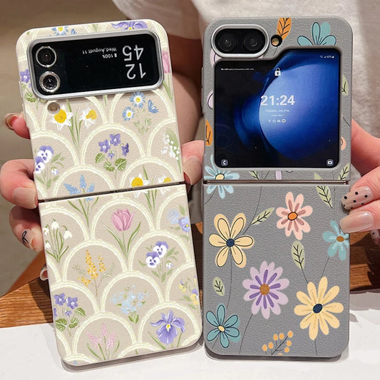 For Samsung Galaxy Z Flip 5 6 3 4 5G Cartoon Flowers Soft Case Leather Texture TPU Folding Phone Cover For Samsung Z Flip5 Flip4