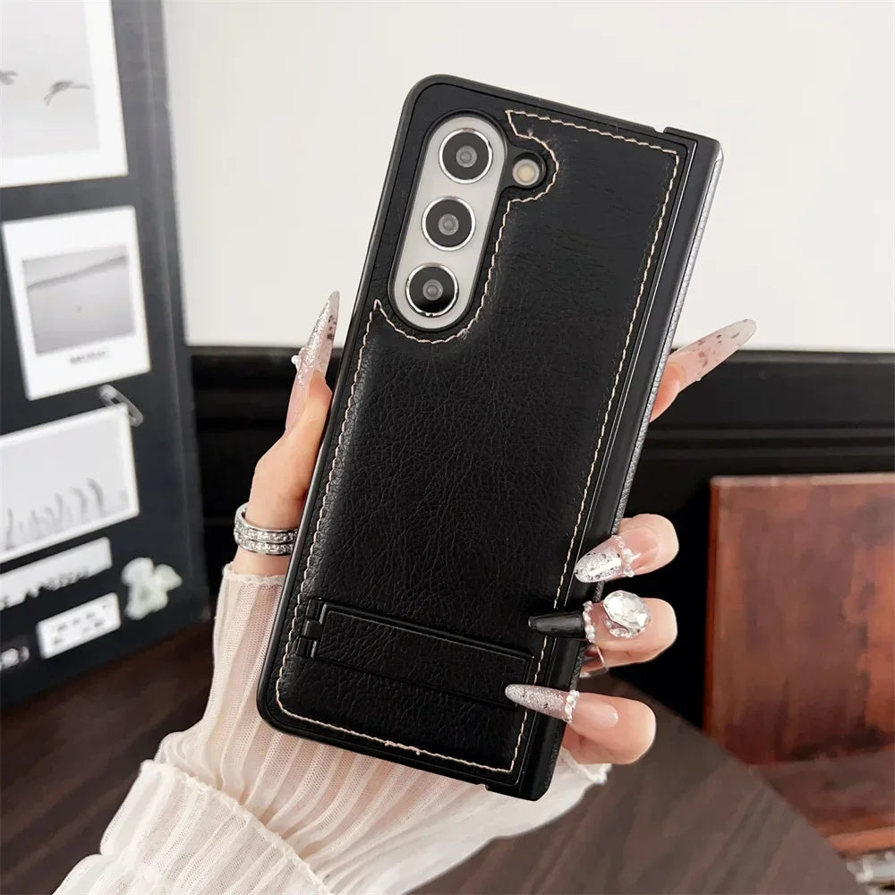 Shockproof Hinge Protective Bracket Phone Case for Samsung Galaxy Z Fold 6 5 4 3 Fold6 Fold5 Fold4 Fold3 5G PU Leather Cover