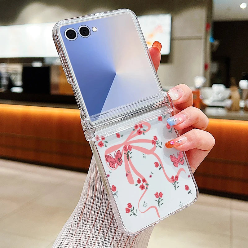 Colorful Bowknot Patterned Phone Case For Samsung Galaxy Z Flip 7 FE 6 5 4 3 5G Folding Hard PC Clear Cover For Samsung Z Flip6