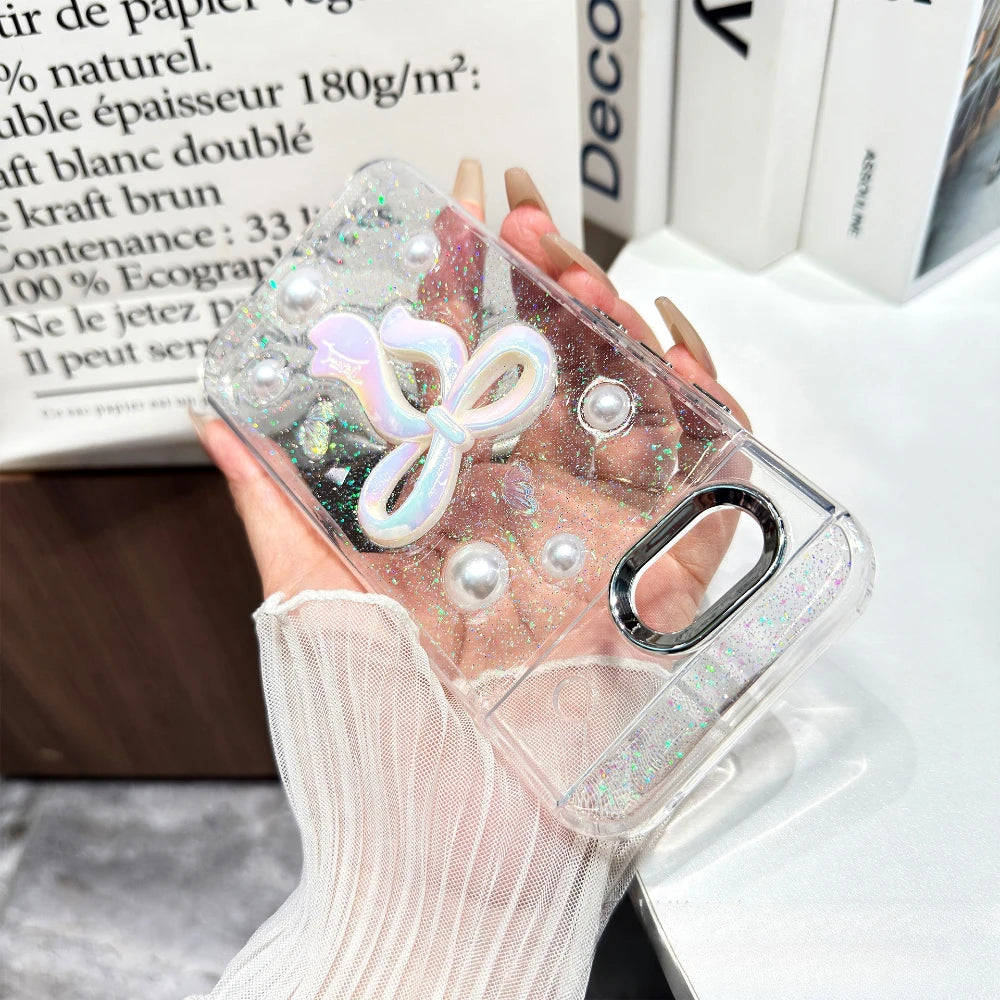 Cute 3D Rose Butterfly Bow Pearl Glitter Transparent Case for Google Pixel 8 9 10 Pro XL 9A 8A Shockproof Epoxy Clear TPU Cover