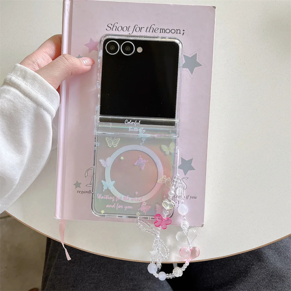 Korean Ins Cute Butterfly Magnetic Phone Case for Samsung Galaxy Z Flip6 7 FE Flip7 6 5 Flip5 4 3 Cover With Magsafe Stand Chain