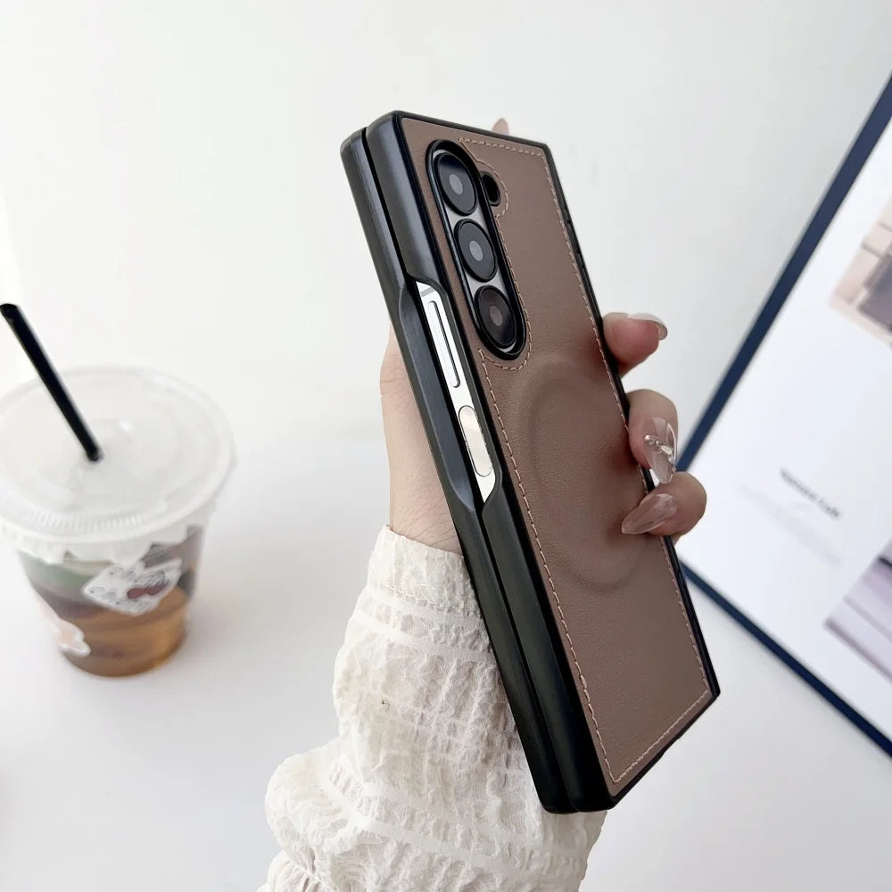 For Samsung Z Fold 7 Leather for Magsafe Wireless Charge Case For Samsung Galaxy Z Fold 7 6 5 4 3 Hinge Protect Armor 2in1 Cover