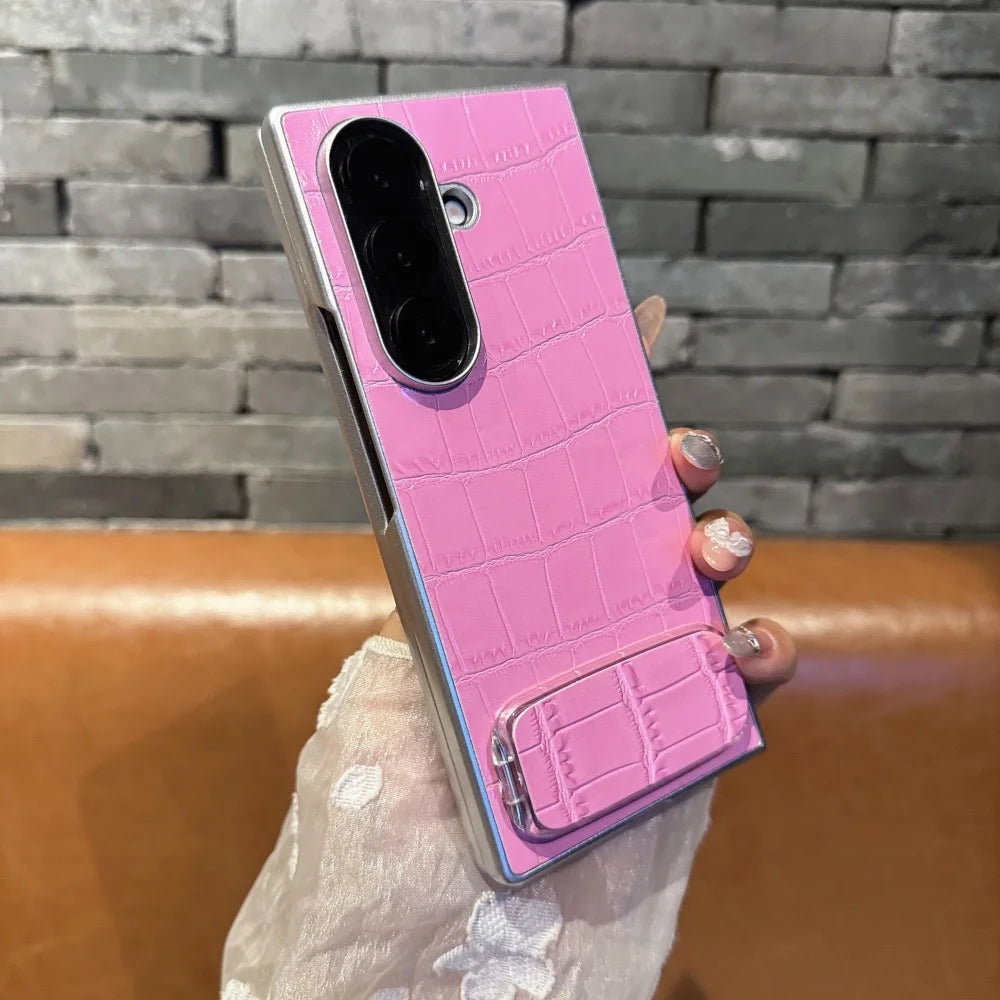 3D Crocodile Skin Pattern PU Phone Case For Samsung Galaxy Z Fold 7 6 5 4 3 Fold7 ins Y2K Invisible Makeup Mirror Bracket Cover