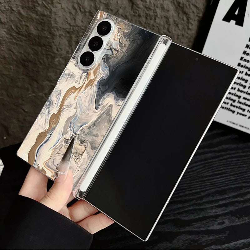 Magnetic Adsorption Clear Case For Samsung Galaxy Z Fold 7 6 5 Fold7 Fold6 Fold5 5G Retro Marble Pattern Shockproof Phone Cover
