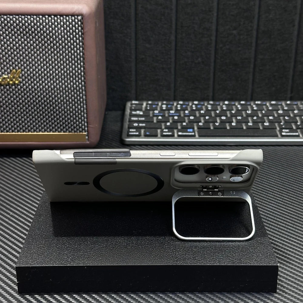 Luxury Broderless Magnetic Camera Stand Holder Case For Samsung S26 Ultra S25 FE S24 Plus For Magsafe Wireless Charging Cover