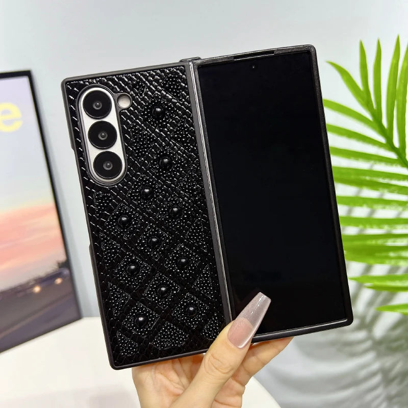 New Luxury Solid Color Pearl Shockproof Folding Phone Case For Samsung Galaxy Fold 6 5 4 3 Bumper Back Cover