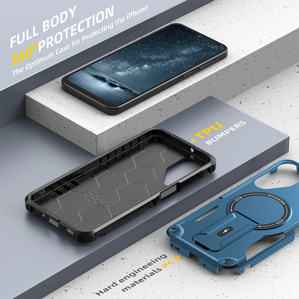 Folding Holder Armor Case For Samsung Galaxy S26 S25 S24 Ultra Plus A17 A56 A36 A54 Magnetic For Magsafe Stand Shockproof Cover