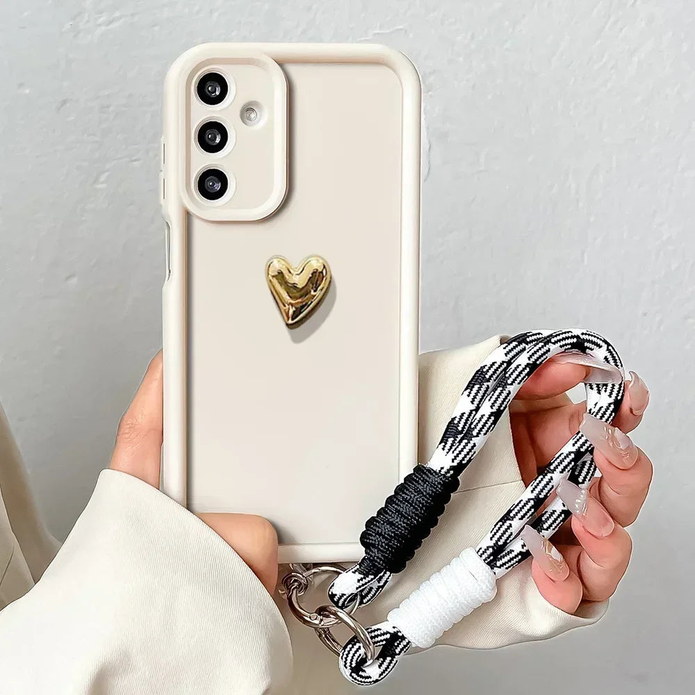 3D Gold Love Heart Lanyard Case for Samsung S25 Plus Ultra S24 FE A16 06 26 36 56 M13 M35 M55 M32 Wrist Chain Strap Phone Cover