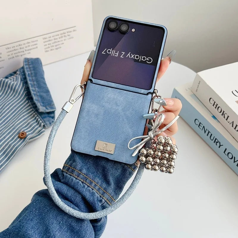 Fashion Denim Fabric Cute Phone Case For Samsung Galaxy Z Flip 7 6 5 4 Z Flip6 Z Flip7FE Cover with Hand Rope Cute Hinge Cases