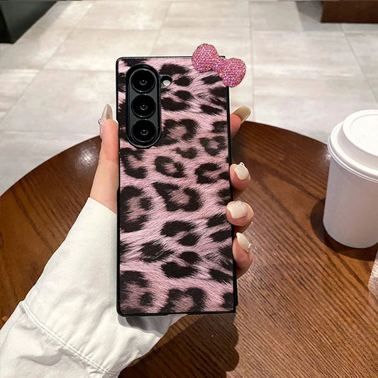 Fashion Leopard Print PC Hard Phone Case for Samsung Galaxy Z Fold 3/4/5/6/7 5G 3D Diamond Bowknot, Ultra Thin Luxury,Shockproof