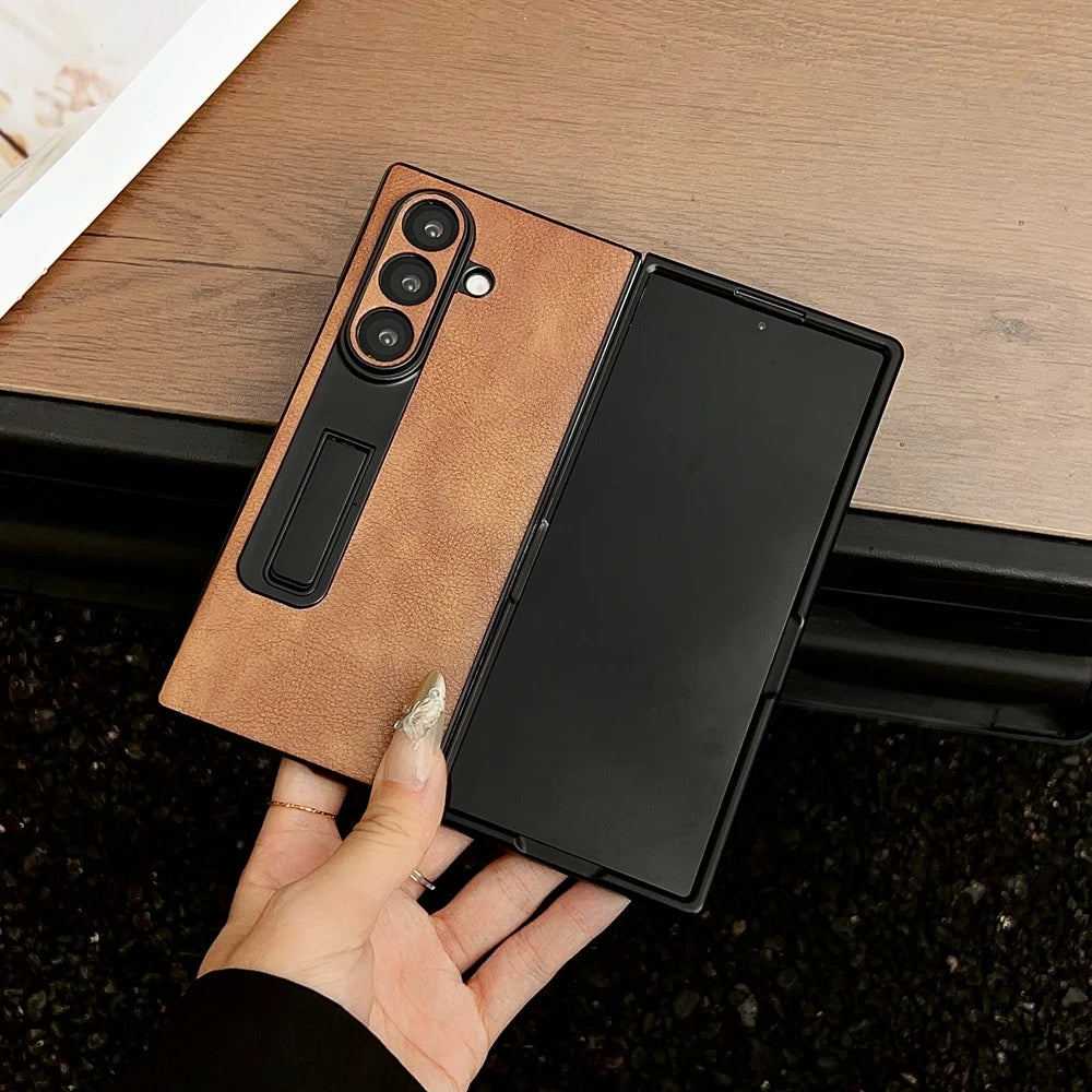 Z Fold7 5G Luxury Suede Pattern Phone Case For Samsung Galaxy Z Fold 7 6 5 4 3 Zfold6 Pu Leather Invisible Bracket Holder Cover
