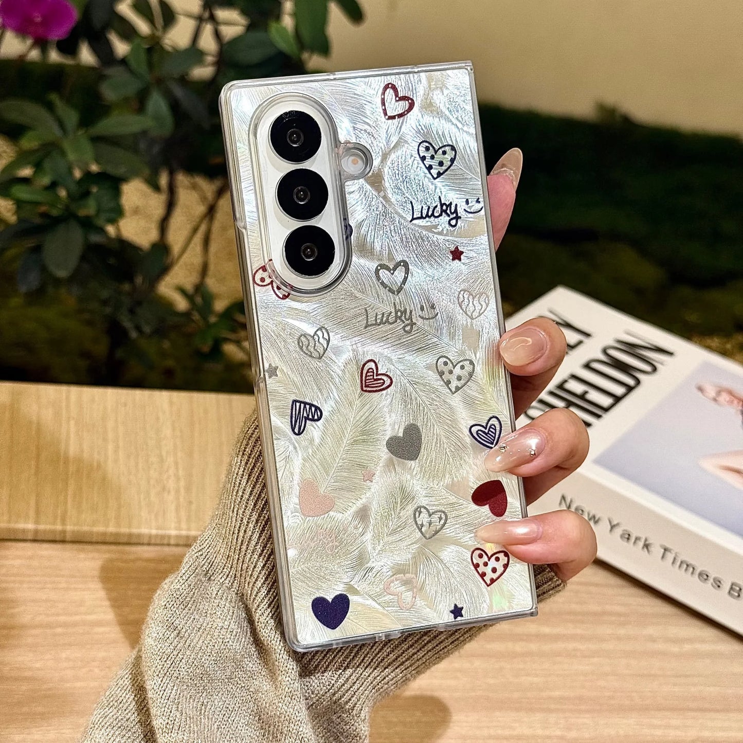 for Samsung Galaxy Z Fold 7 6 5 4 3 fold7 Strap Pendant Fold Phone Case Ins New Feather Love Heart Silver Cover