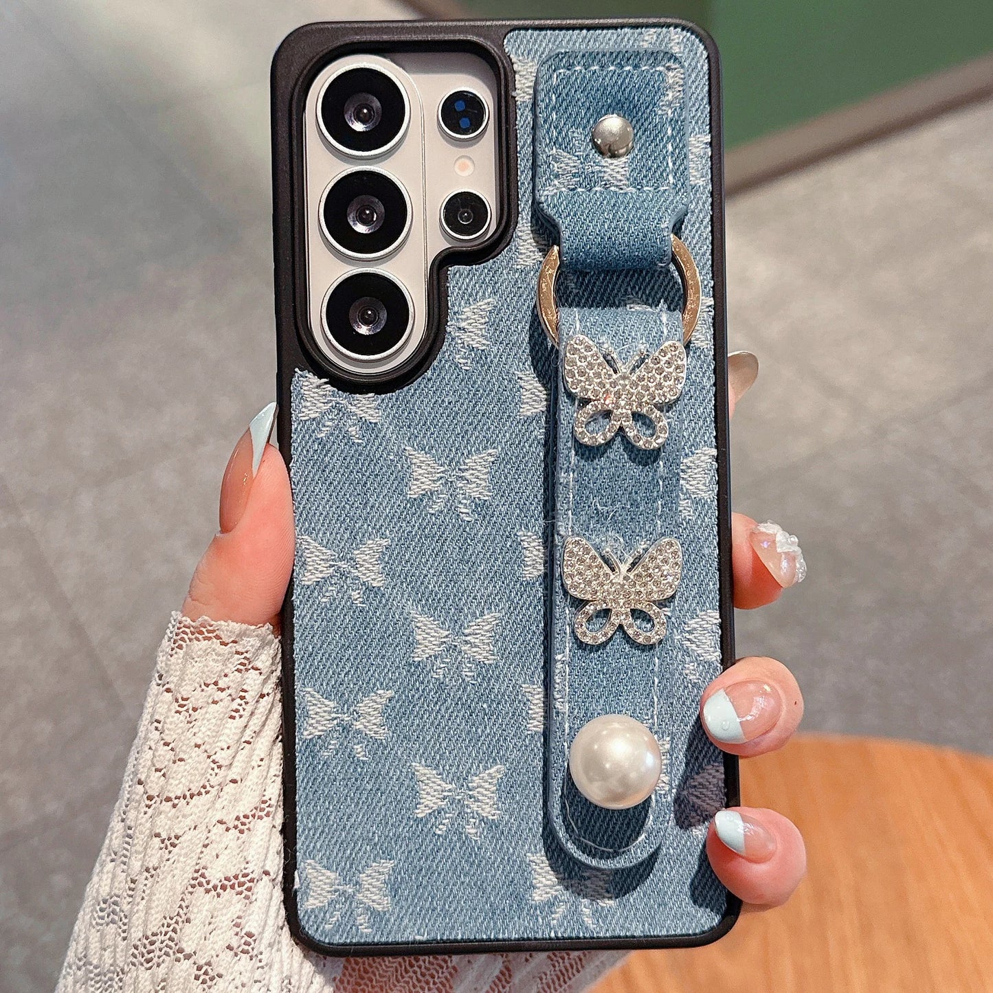 Fashion Denim Cloth Case For Samsung S26 Ultra Wristband Cover For Galaxy S25 Ultra S24 S23 Ultra Luxury Butterfly Phone Case