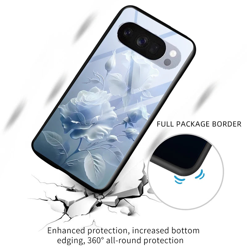 Hard Tempered Glass Case For Google Pixel 10 Pro XL Pixel 9 Protective Cover Flower Pattern Back Shell Fundas