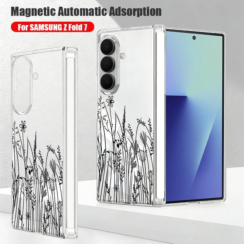 Magnetic Adsorption Clear Phone Case For Samsung Galaxy Z Fold 7 6 5 Fold7 Fold6 Fold5 5G Flowers Pattern Shockproof Hard Cover